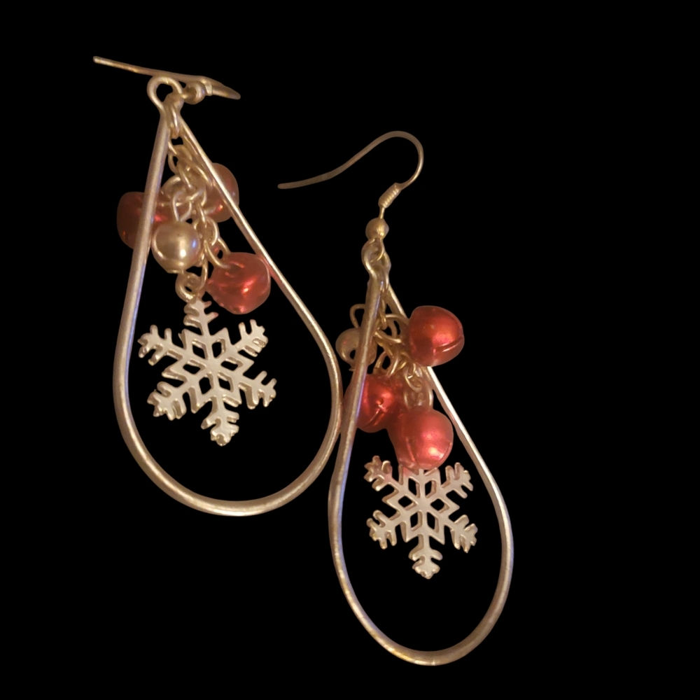 Gold Snowflake Earrings with Red Accents